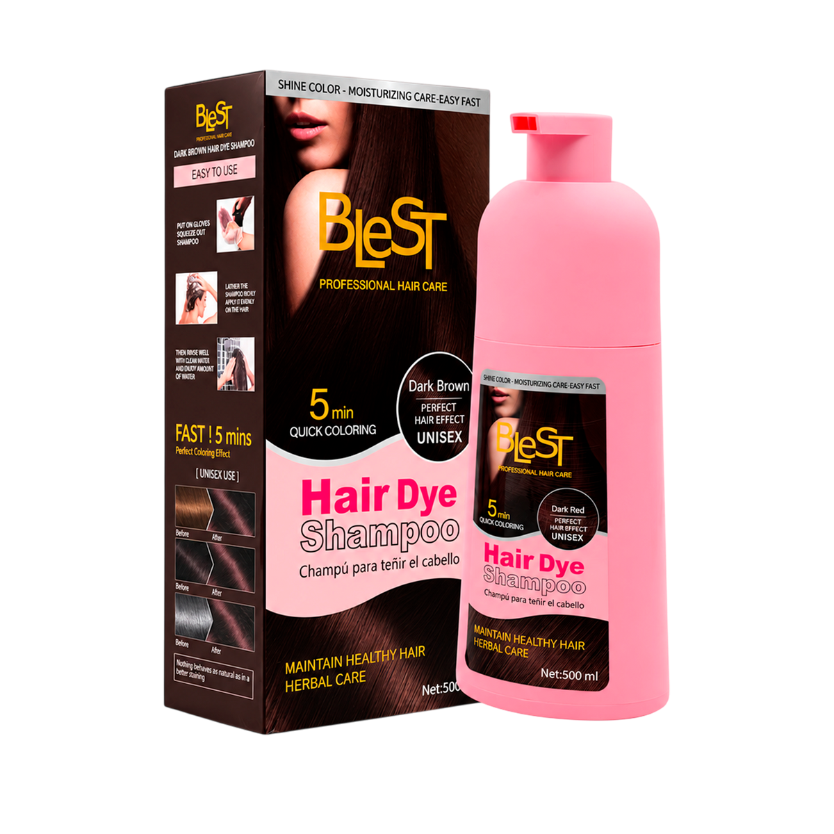 BLEST Hair Dye Shampoo Dark Brown – Quick Hair Coloring, 500 ml