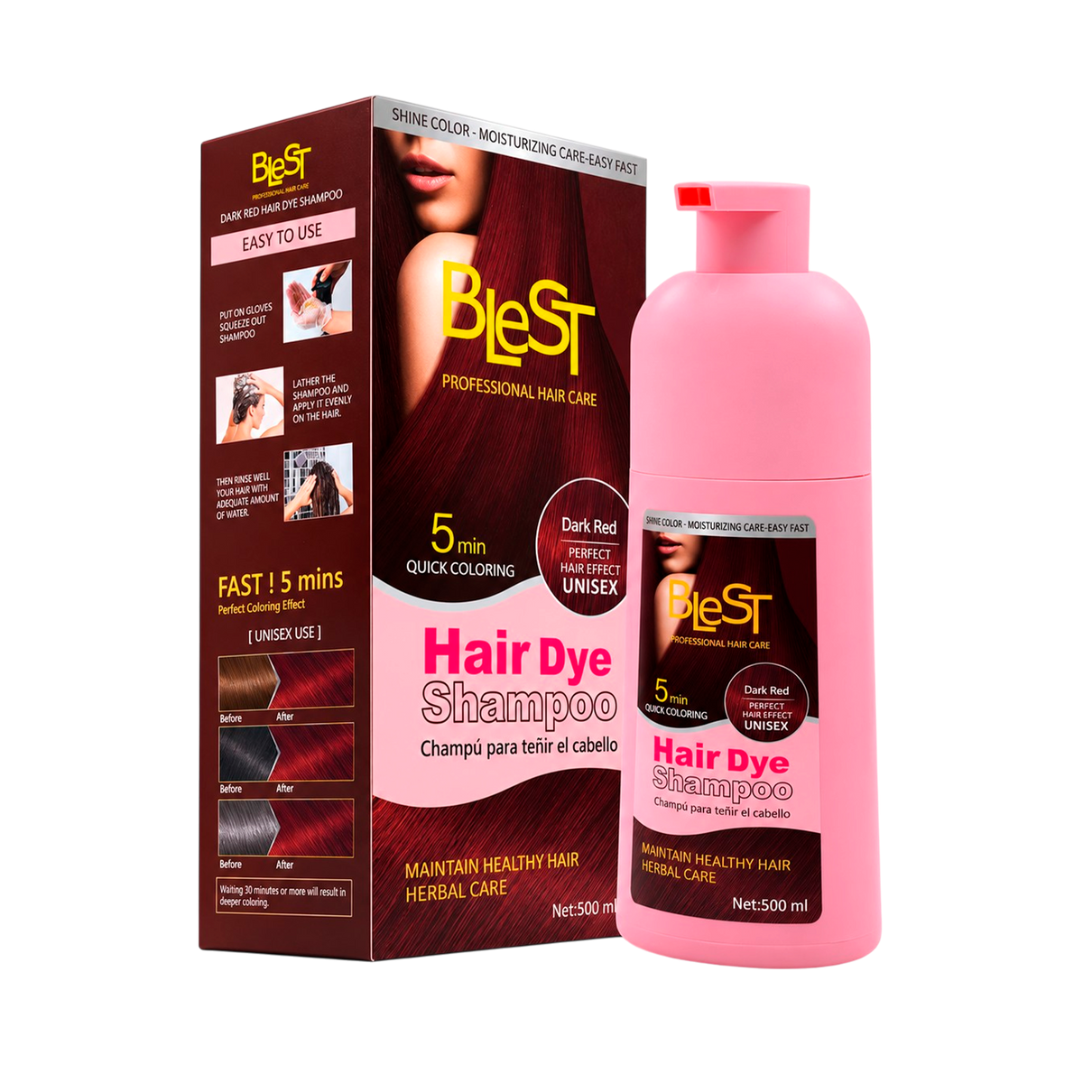 BLEST Hair Dye Shampoo Dark Red – Quick Hair Coloring, 500 ml