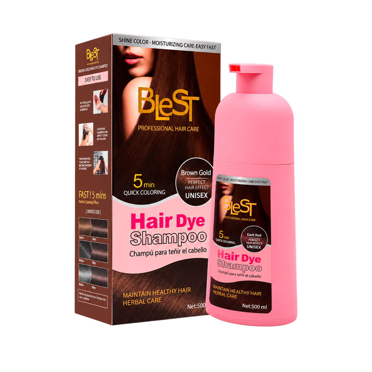 BLEST Hair Dye Shampoo Brown Gold – Quick Hair Coloring, 500 ml
