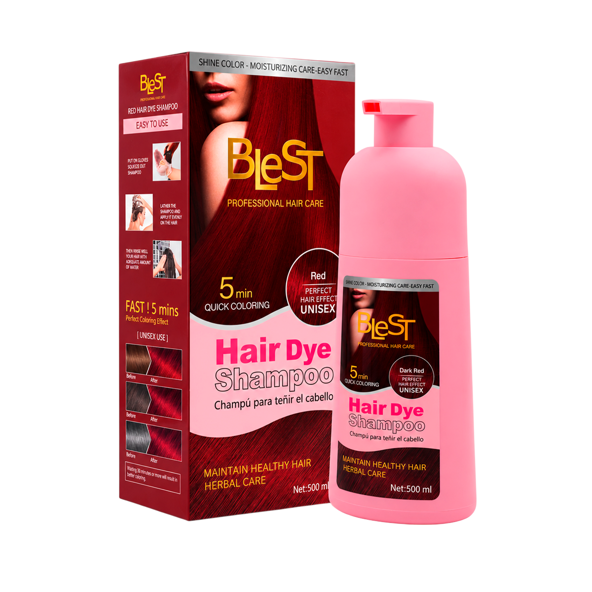 BLEST Hair Dye Shampoo Red – Quick Hair Coloring, 500 ml
