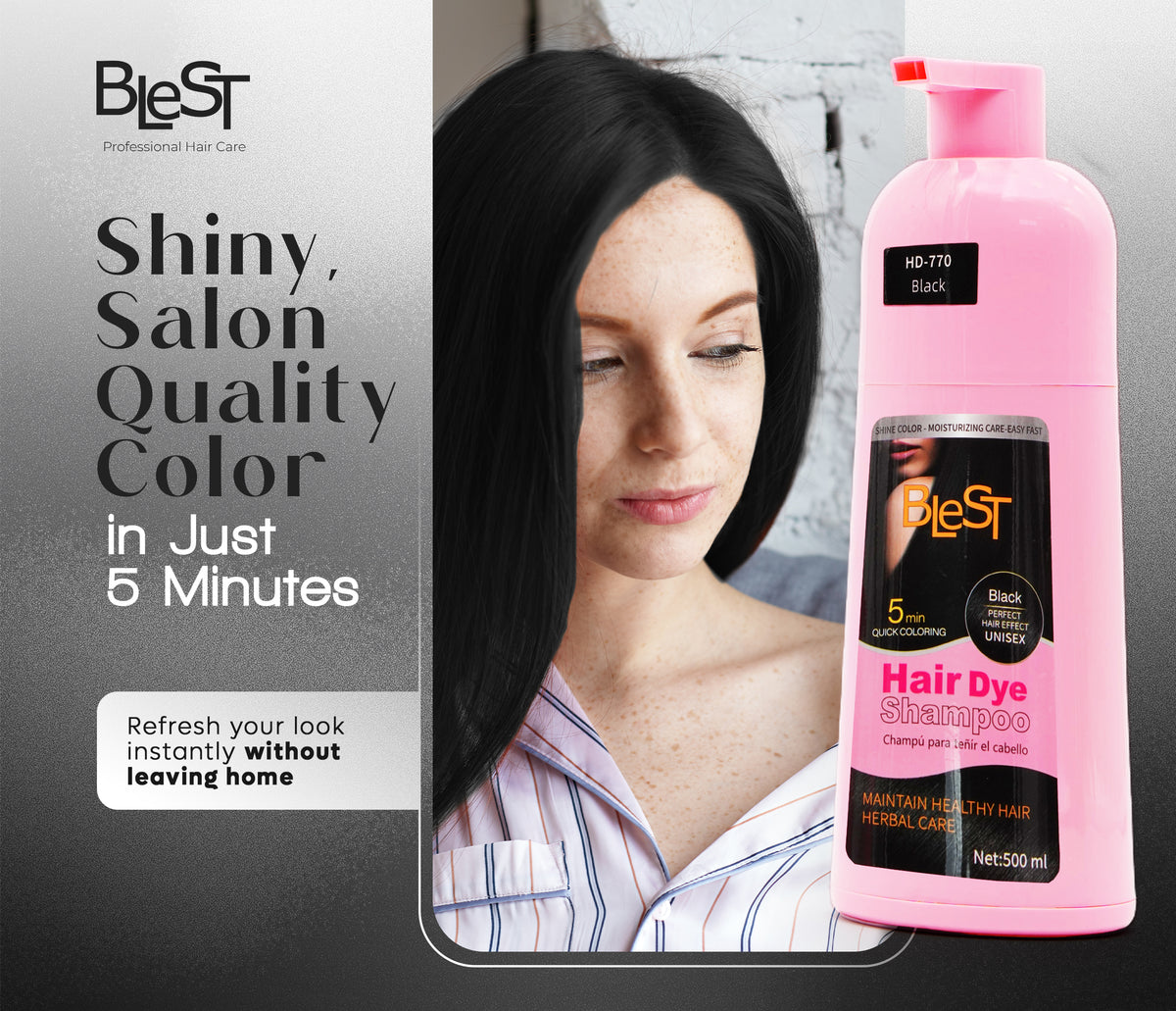 BLEST Hair Dye Shampoo Black – Quick Hair Coloring, 500 ml