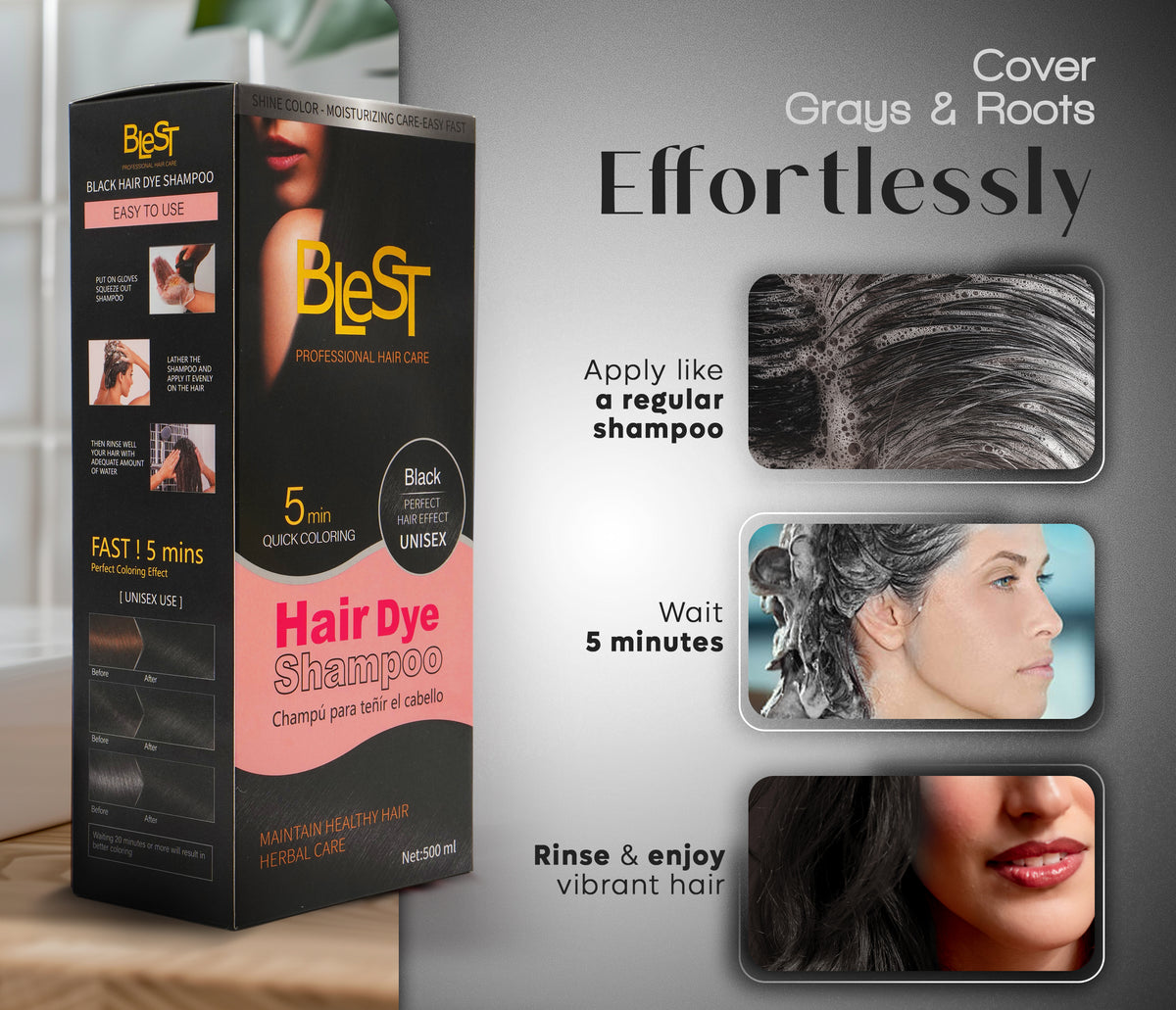 BLEST Hair Dye Shampoo Black – Quick Hair Coloring, 500 ml