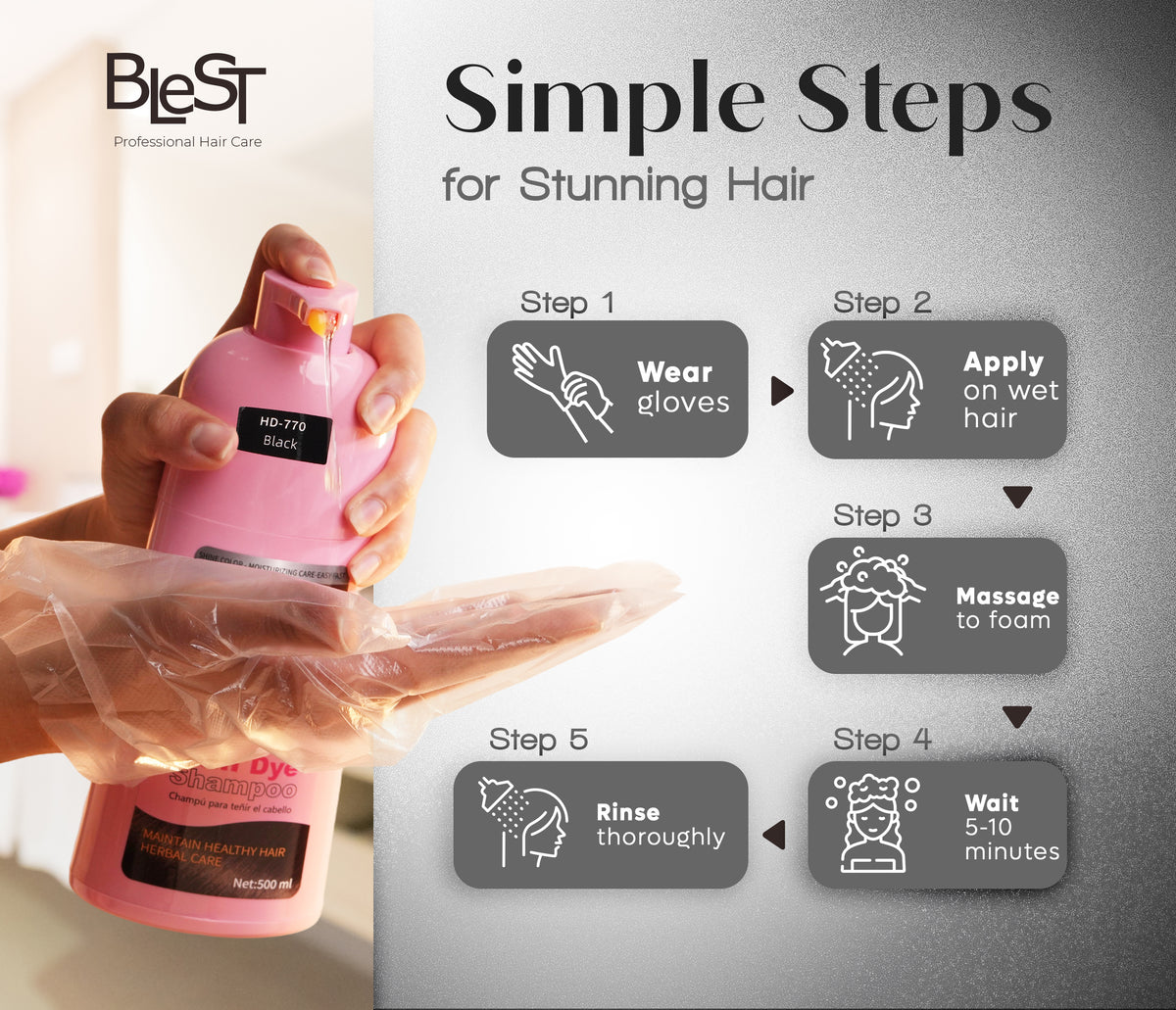 BLEST Hair Dye Shampoo Black – Quick Hair Coloring, 500 ml