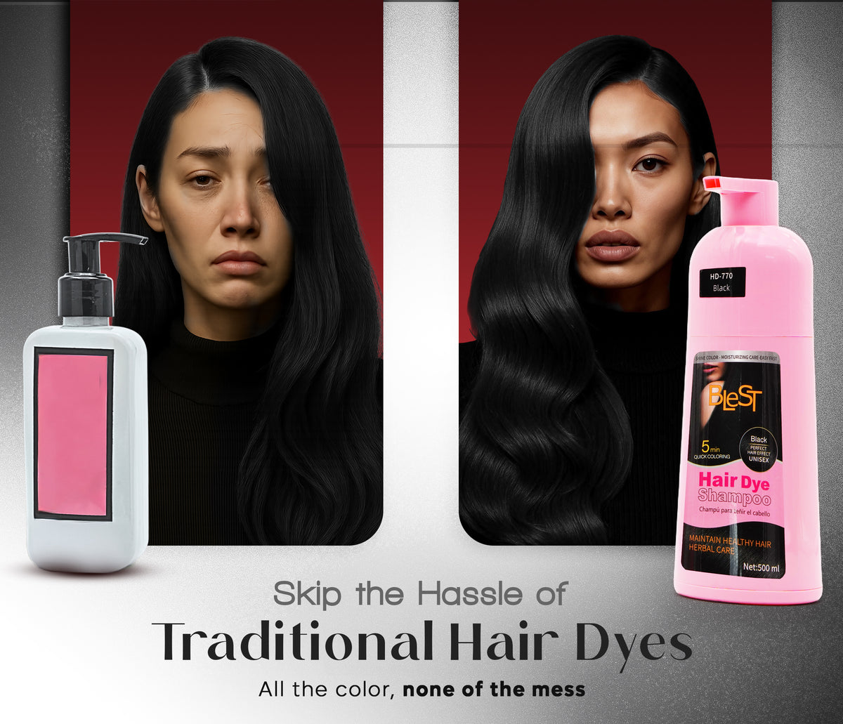 BLEST Hair Dye Shampoo Black – Quick Hair Coloring, 500 ml