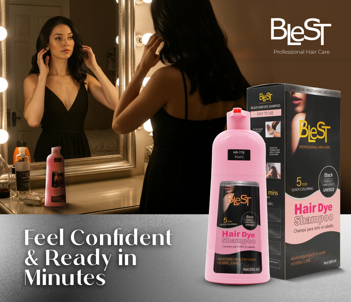 BLEST Hair Dye Shampoo Black – Quick Hair Coloring, 500 ml