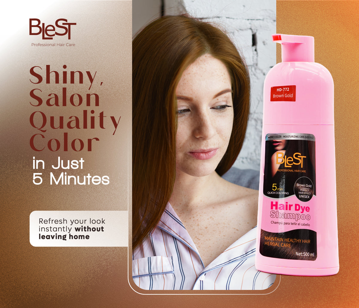 BLEST Hair Dye Shampoo Brown Gold – Quick Hair Coloring, 500 ml