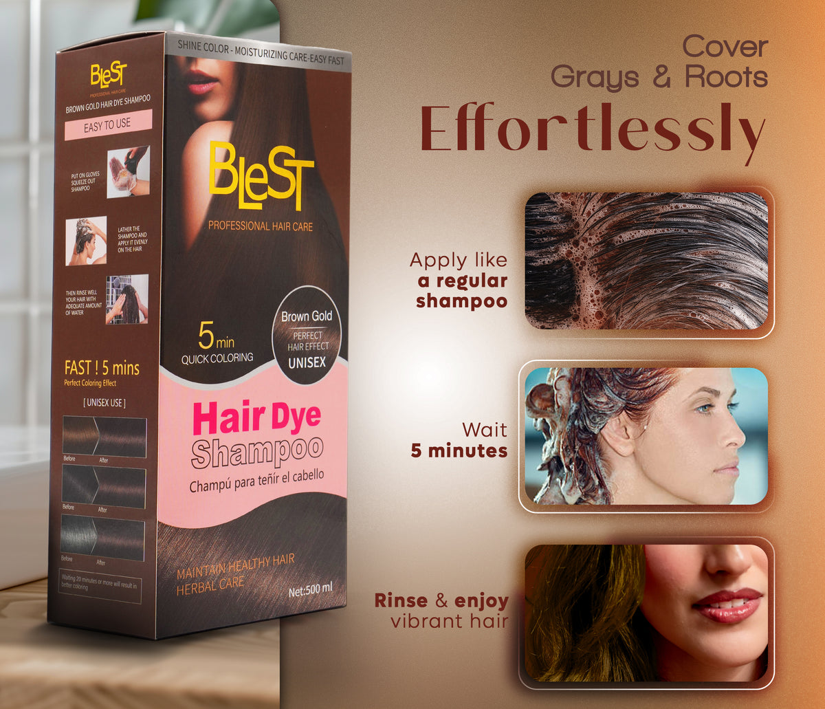 BLEST Hair Dye Shampoo Brown Gold – Quick Hair Coloring, 500 ml