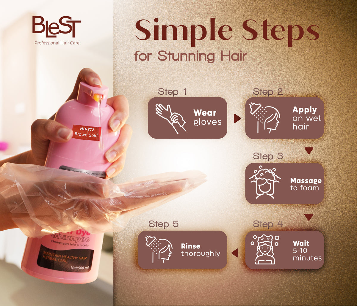 BLEST Hair Dye Shampoo Brown Gold – Quick Hair Coloring, 500 ml