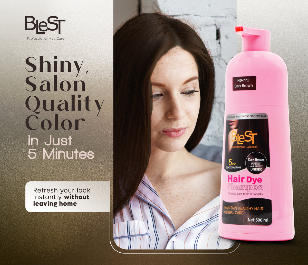 BLEST Hair Dye Shampoo Dark Brown – Quick Hair Coloring, 500 ml