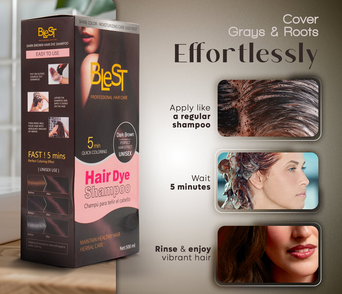 BLEST Hair Dye Shampoo Dark Brown – Quick Hair Coloring, 500 ml