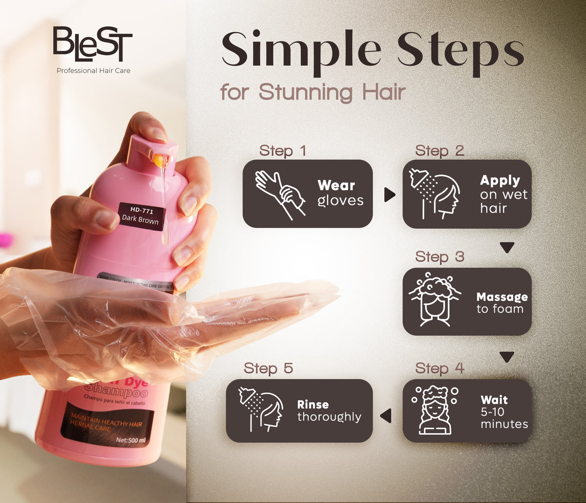 BLEST Hair Dye Shampoo Dark Brown – Quick Hair Coloring, 500 ml