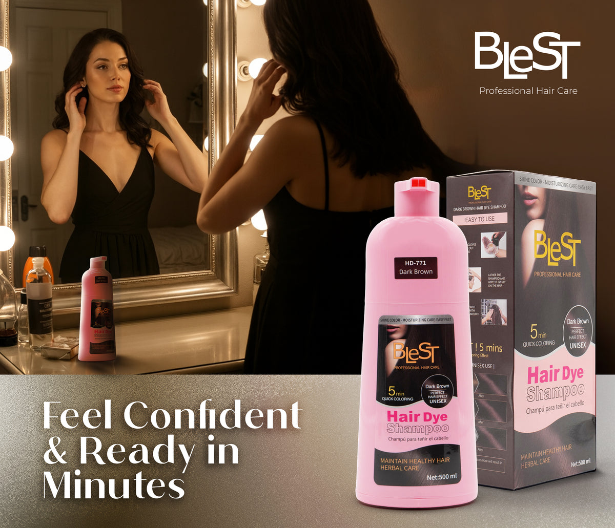 BLEST Hair Dye Shampoo Dark Brown – Quick Hair Coloring, 500 ml