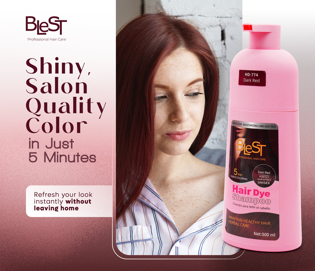 BLEST Hair Dye Shampoo Dark Red – Quick Hair Coloring, 500 ml