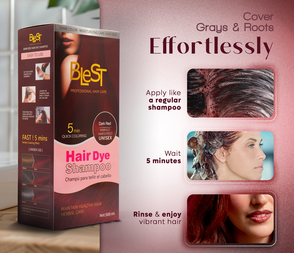 BLEST Hair Dye Shampoo Dark Red – Quick Hair Coloring, 500 ml