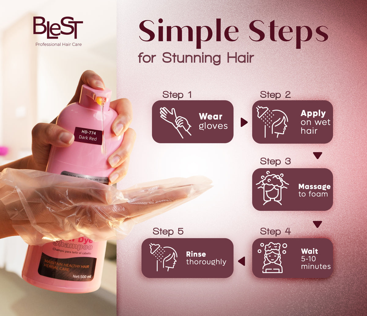 BLEST Hair Dye Shampoo Dark Red – Quick Hair Coloring, 500 ml