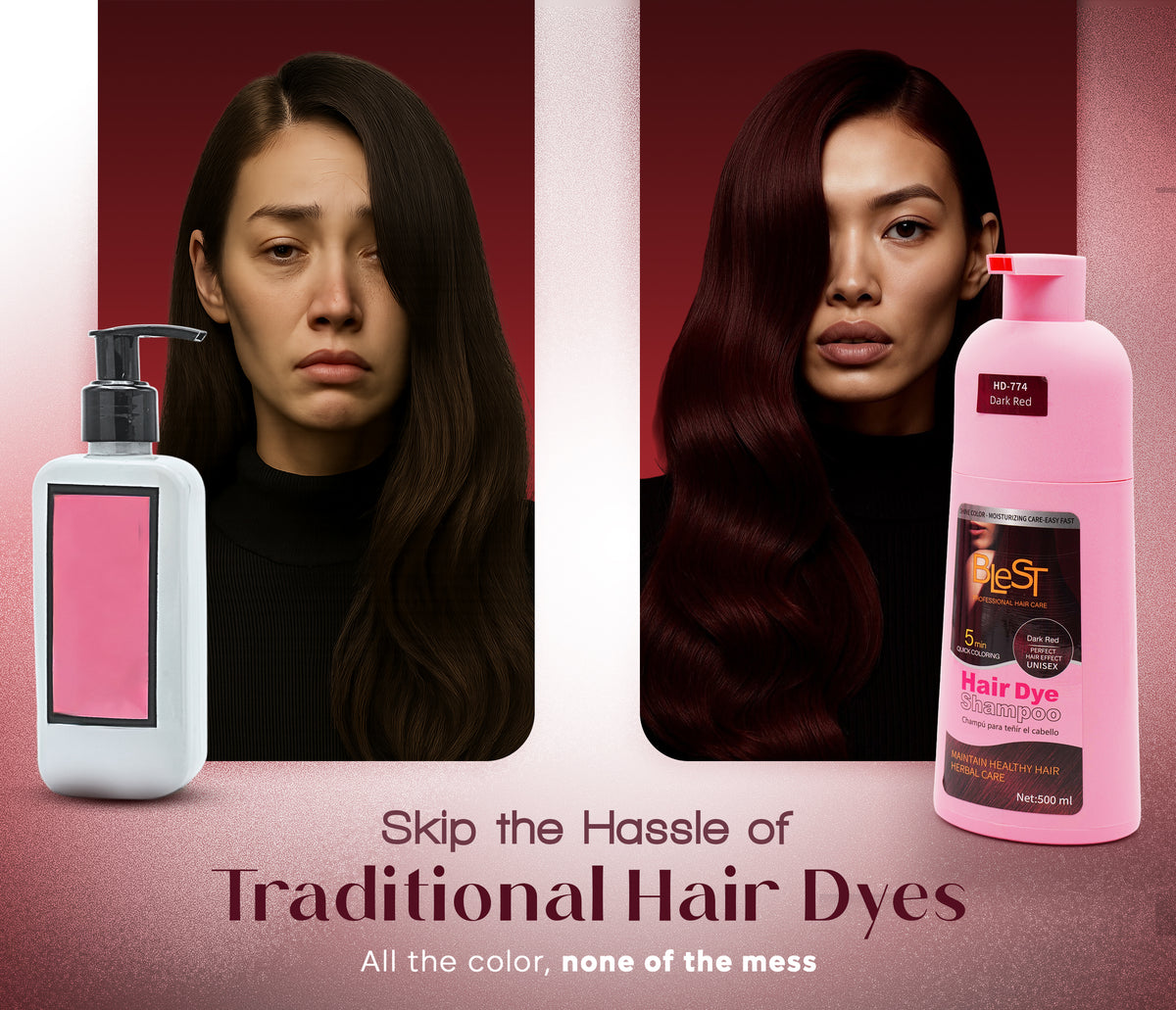 BLEST Hair Dye Shampoo Dark Red – Quick Hair Coloring, 500 ml