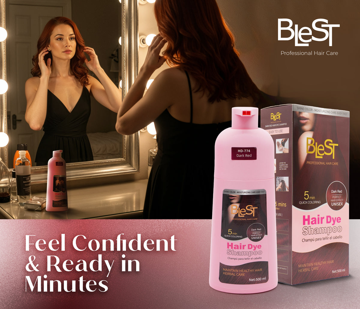 BLEST Hair Dye Shampoo Dark Red – Quick Hair Coloring, 500 ml