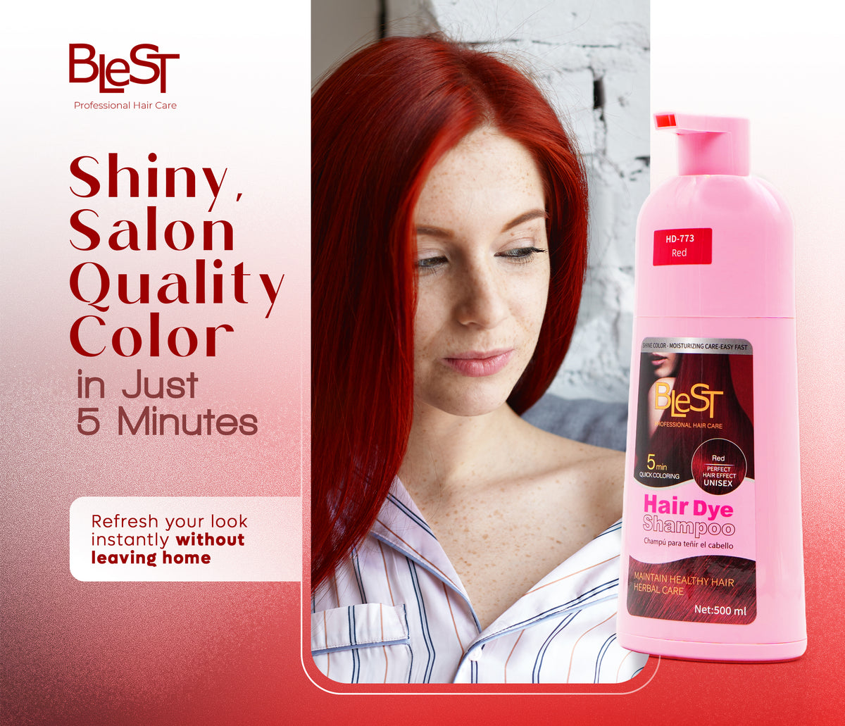 BLEST Hair Dye Shampoo Red – Quick Hair Coloring, 500 ml