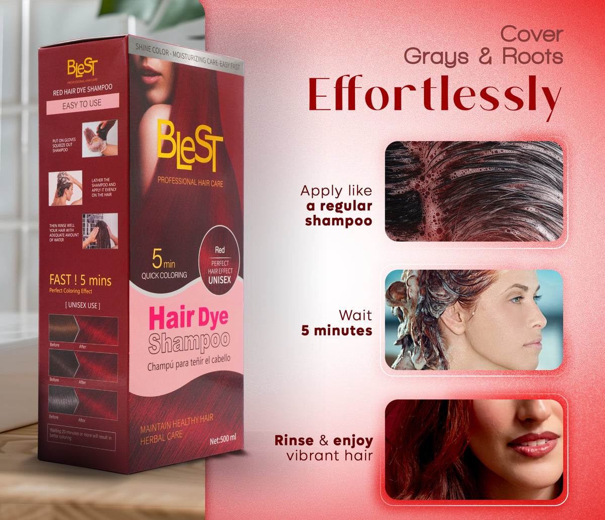 BLEST Hair Dye Shampoo Red – Quick Hair Coloring, 500 ml