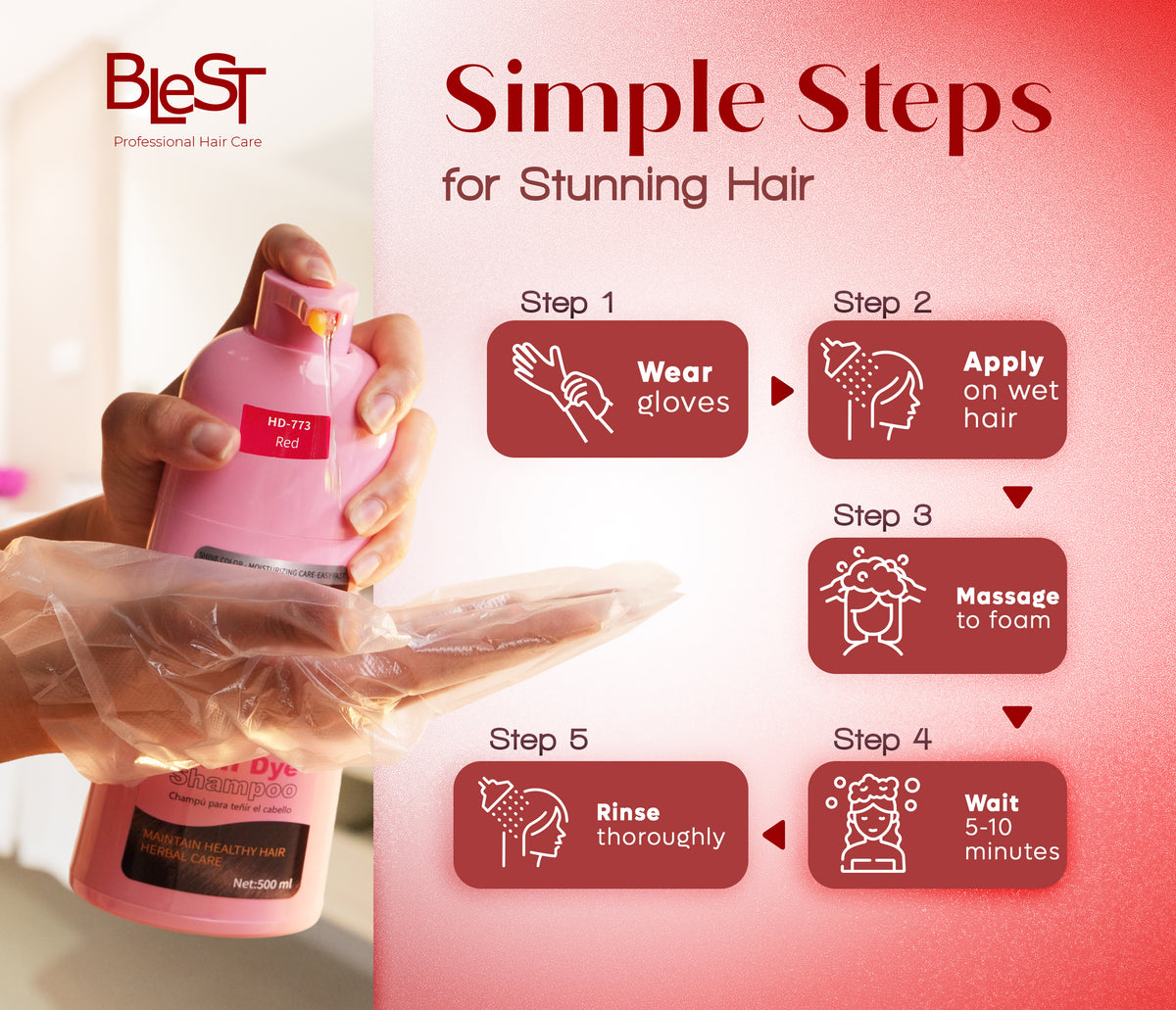 BLEST Hair Dye Shampoo Red – Quick Hair Coloring, 500 ml
