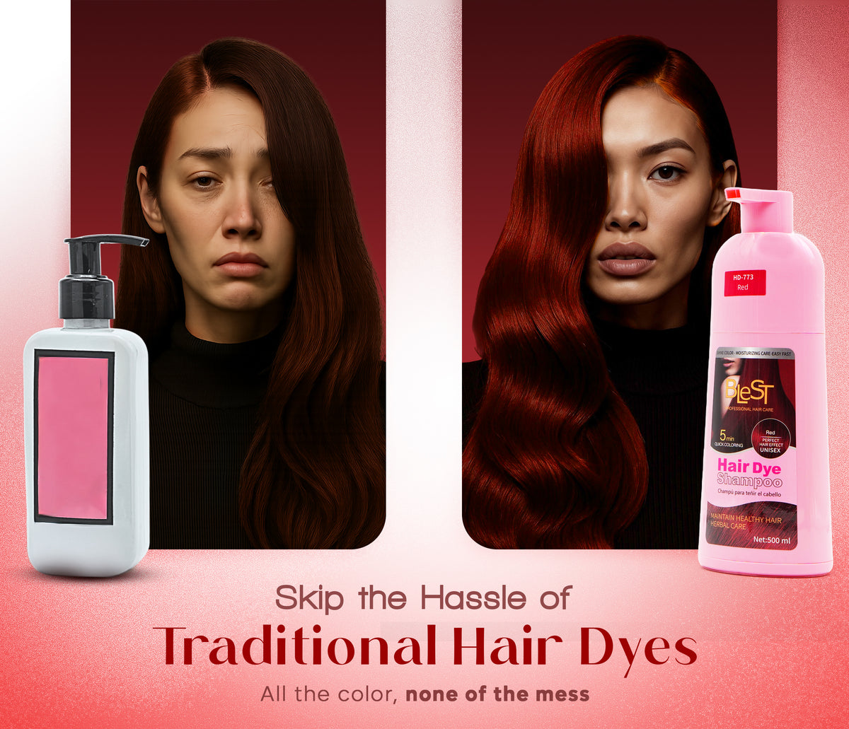BLEST Hair Dye Shampoo Red – Quick Hair Coloring, 500 ml
