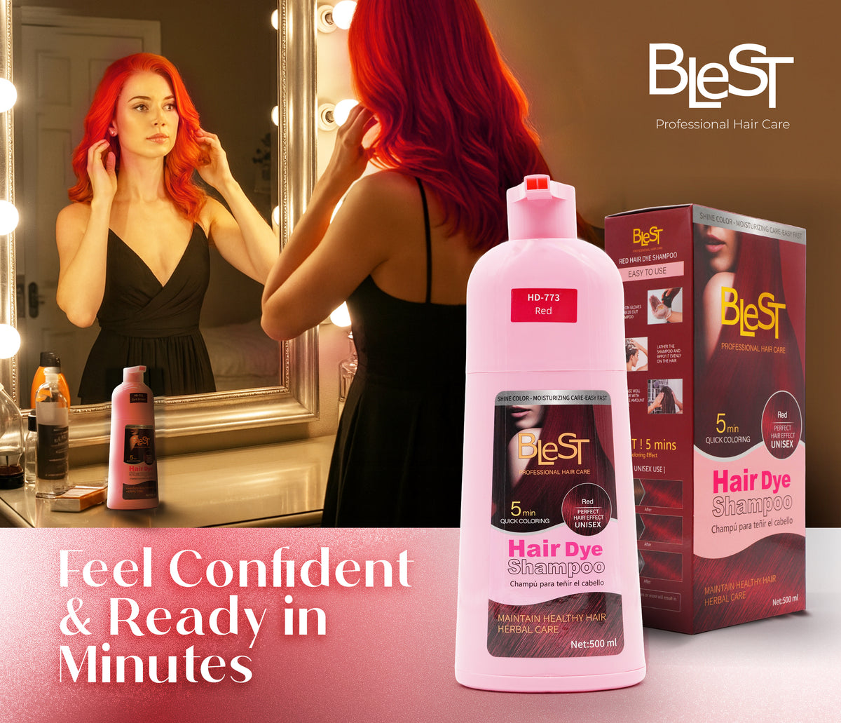 BLEST Hair Dye Shampoo Red – Quick Hair Coloring, 500 ml