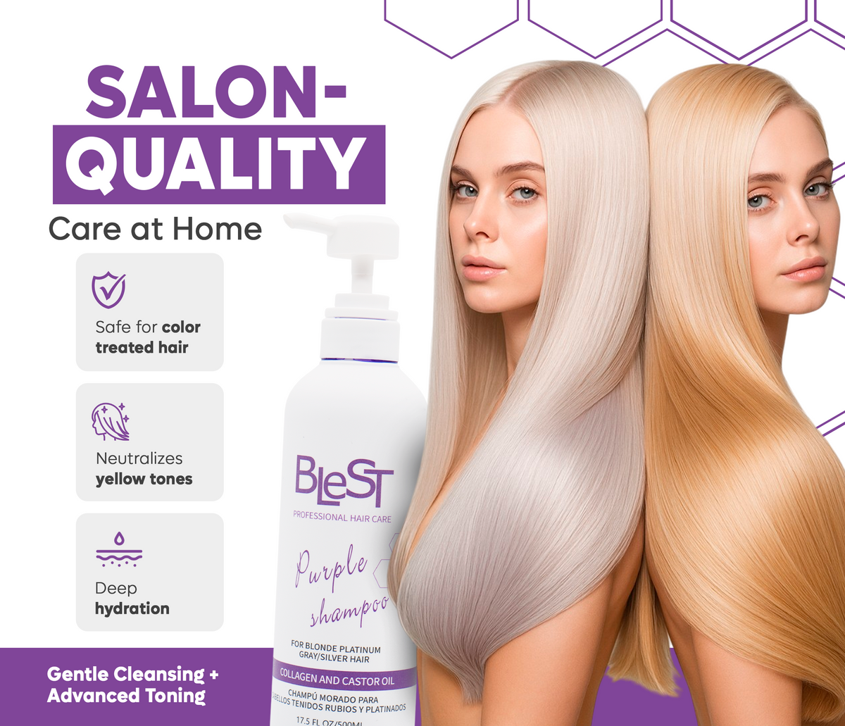 BLEST Purple Shampoo – Blonde & Gray Hair Toning, 500 ml