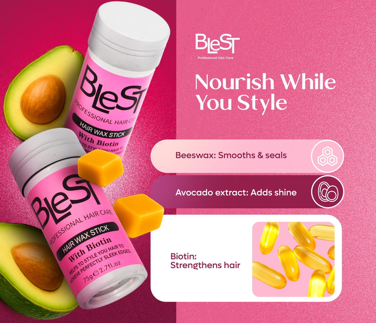 BLEST Hair Wax Stick with Avocado Extract – Sleek Edges & Flyaway Control