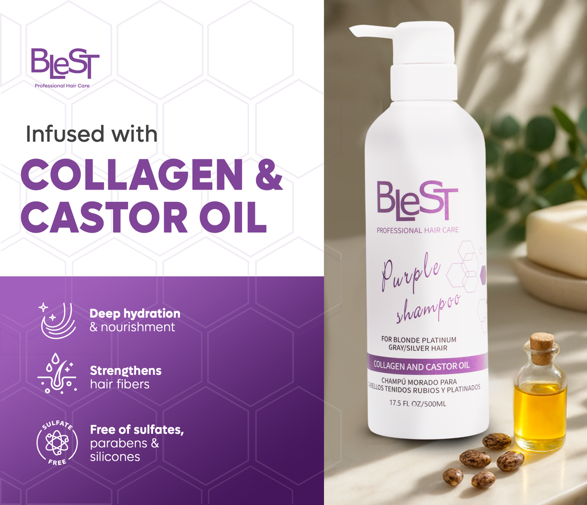 BLEST Purple Shampoo – Blonde & Gray Hair Toning, 500 ml