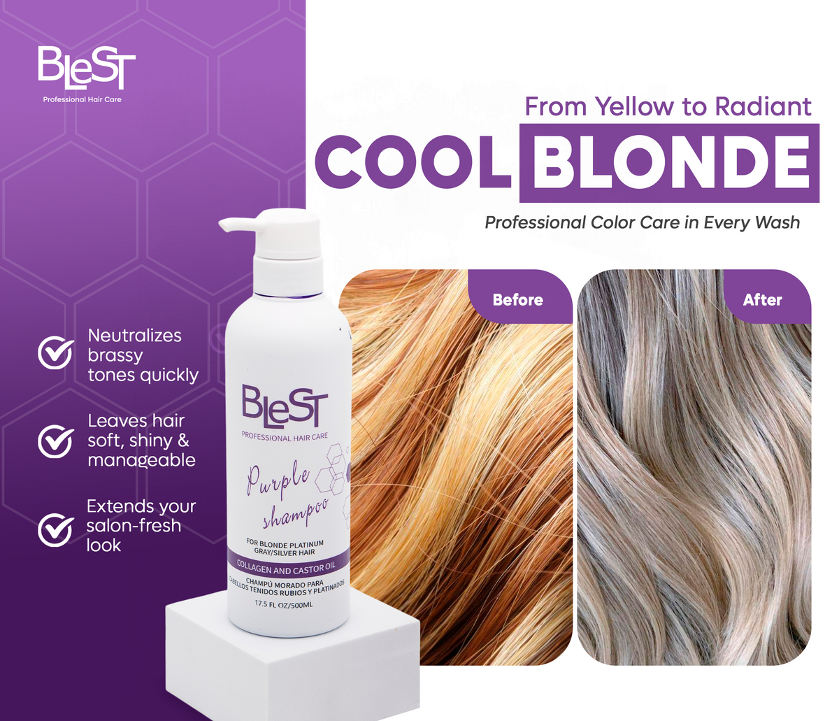 BLEST Purple Shampoo – Blonde & Gray Hair Toning, 500 ml