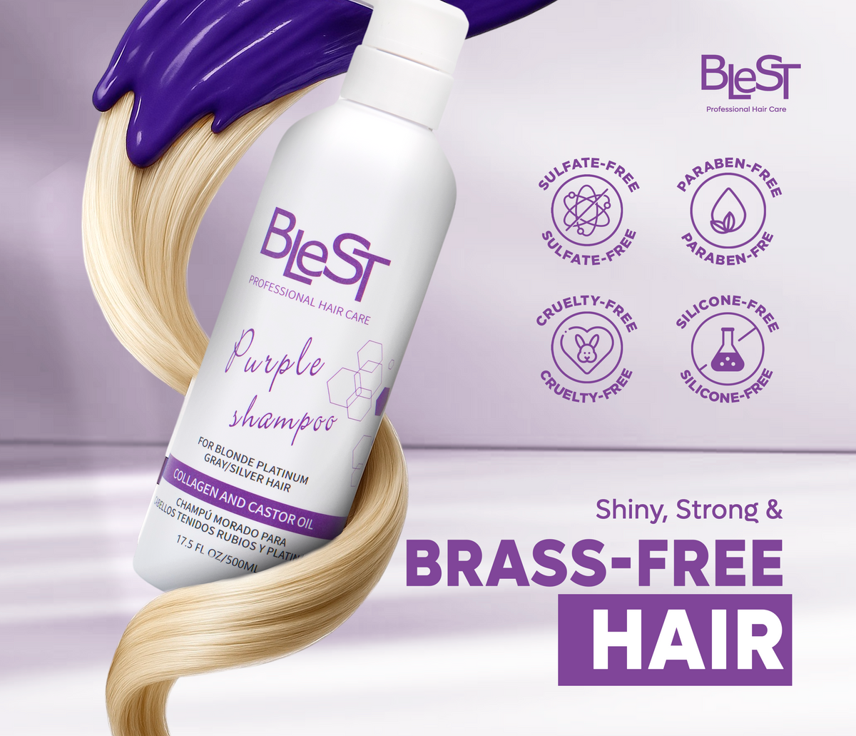 BLEST Purple Shampoo – Blonde & Gray Hair Toning, 500 ml