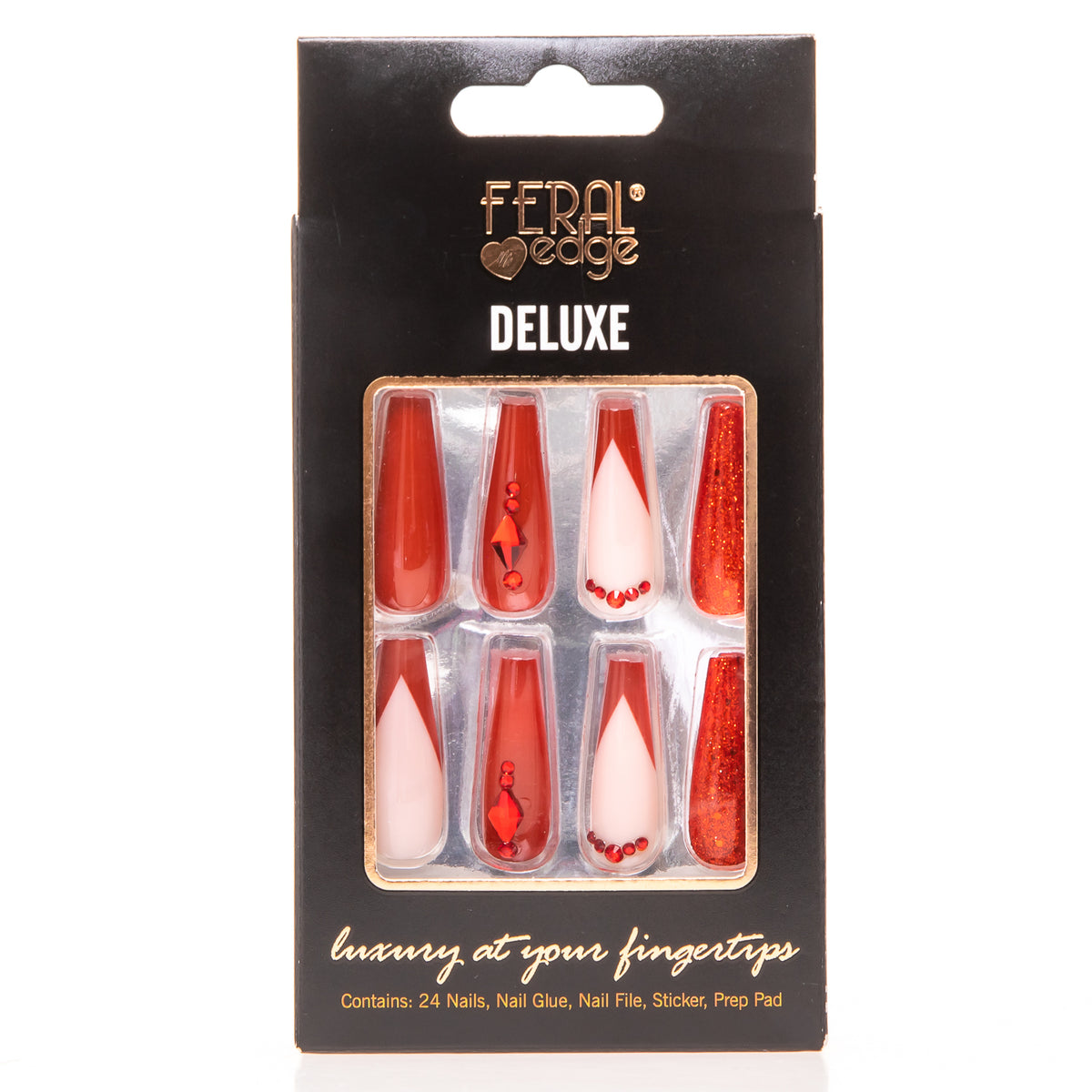 DELUXE RED RHINESTONE COFFIN NAIL SET